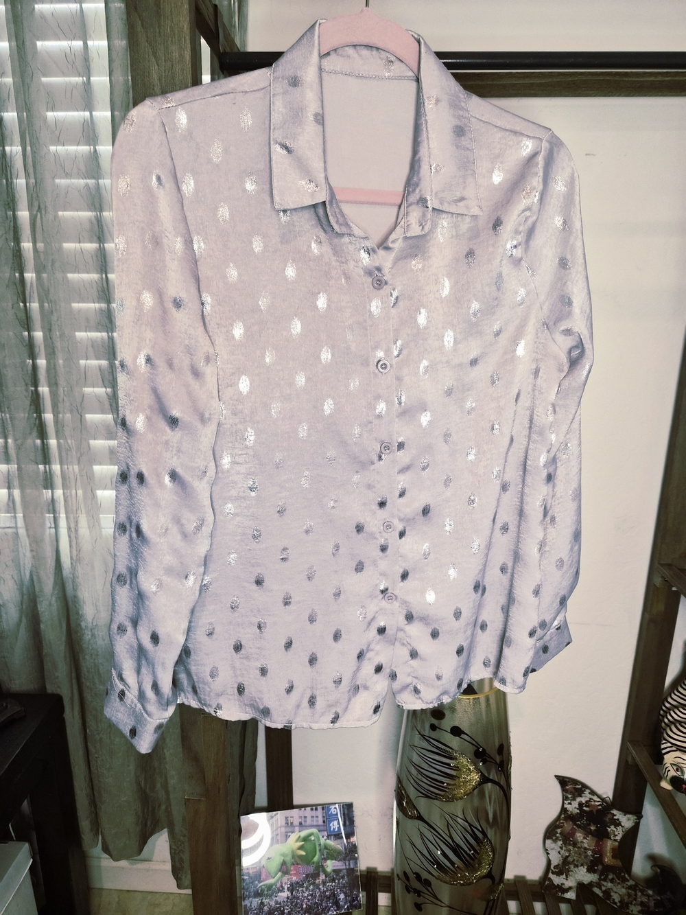 Silver Lilac Satin Dot Button-Down Shirt #0137